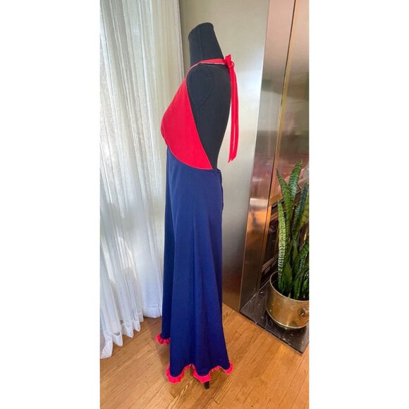 Vintage 70s halter dress, red and navy blue, polyester, nautical maxi, 8/10 (M) - Picture 5 of 10